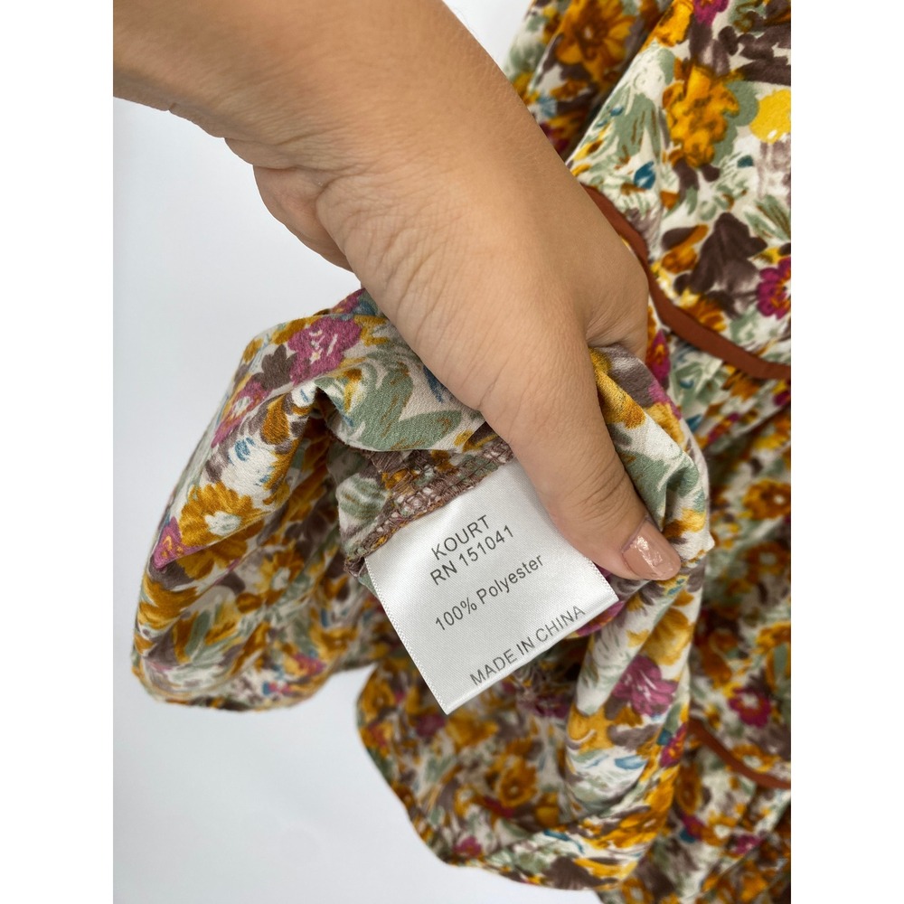 Kourt Floral Tiered Mini Dress Small Yellow Brown Boho Long Sleeve - Picture 4 of 5